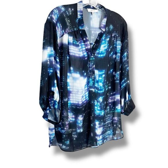 Milly City Scape 1/4 Button Pullover Collarless Blouse Blue Women’s Size 10 - Picture 3 of 7